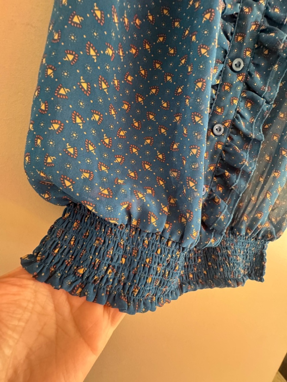 Teal Blue Ruffle-Front abstract printed sheer Top - Picture 3 of 8